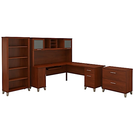 Bush Furniture Somerset 72"W L Shaped Desk With Hutch, Lateral File Cabinet And Bookcase, Hansen Cherry, Standard Delivery