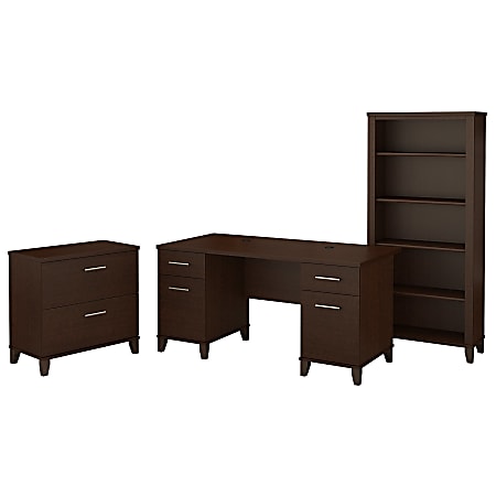 Bush Furniture Somerset 60"W Office Desk With Lateral File Cabinet And 5 Shelf Bookcase, Mocha Cherry, Standard Delivery