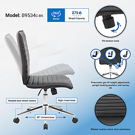 Boss Office Products Sleek Ribbed Armless Task Chair Black