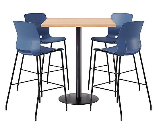 KFI Studios Proof Bistro Square Pedestal Table With Imme Bar Stools, Includes 4 Stools, 43-1/2”H x 42”W x 42”D, Maple Top/Black Base/Navy Chairs