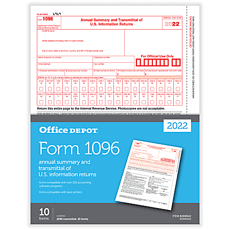 Office Depot® Brand 1096 Laser Tax Forms, 1-Part, 8-1/2" x 11", Pack Of 10 Forms, 510091022