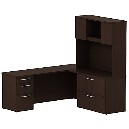 Bush Business Furniture 300 Series L Shaped Desk With 3 Drawer Pedestal And 2 Drawer Lateral File Cabinet With 48"W Hutch, Mocha Cherry, Premium Installation