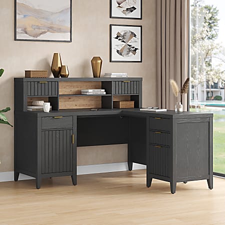 Thomasville® Rivington 60"W L-Shaped Corner Desk & Hutch With Integrated Power Outlet, Raven Black