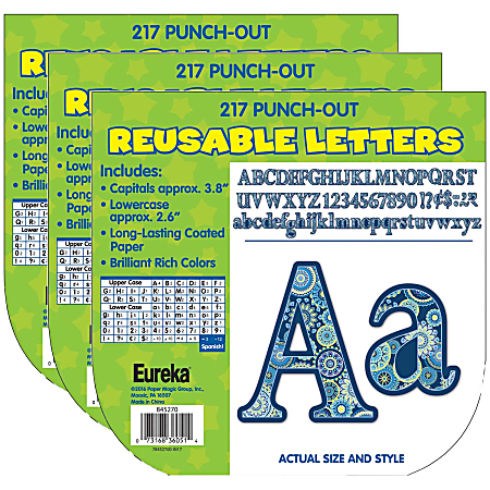 Eureka Reusable Punch-Out Deco Letters, 4", Blue Harmony, 217 Letters Per Pack, Set Of 3 Packs