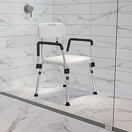 Flash Furniture Hercules Adjustable Bath And Shower Chair With Quick-Release Back And Arms, 34-3/4"H x 20-3/4"W x 19-3/4"D, White