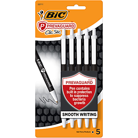 BIC® PrevaGuard Clic Stic Ballpoint Pens With Antimicrobial Additive, Medium Point, 1.0 mm, Black Barrel, Black Ink, Pack Of 5 Pens