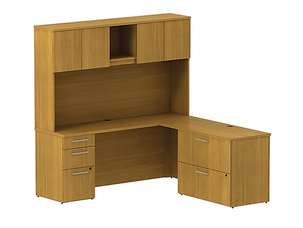 BBF 300 Series L-Shaped Desk With Lateral File & Storage, 72 3/10"H x 71 1/10"W x 69 2/5"D, Modern Cherry, Premium Installation Service