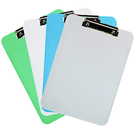 JAM Paper® Letter-Size Clipboards With Low-Profile Metal Clips, 12-1/2" x 9", Silver/Blue/Green, Pack Of 4 Clipboards