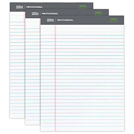 Office Depot® Brand Professional Writing Pads, 8-1/2" x 11-3/4", Legal/Wide Ruled, 50 Sheets, 100% Recycled, White, Pack Of 3