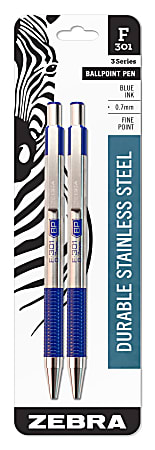 Zebra® Pen BCA F-301 Ballpoint Pens, Fine Point, Stainless Steel Barrel, Blue Ink, Pack Of 2