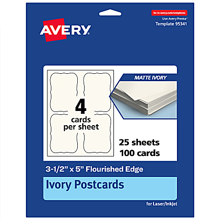 Avery® Printable Postcards, 3-1/2" x 5" Rectangle Flourished Edge, Matte Ivory, Pack Of 100