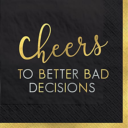 Amscan New Year's Eve Bad Decisions Beverage Napkins, 5" x 5", Black, Pack Of 48 Napkins