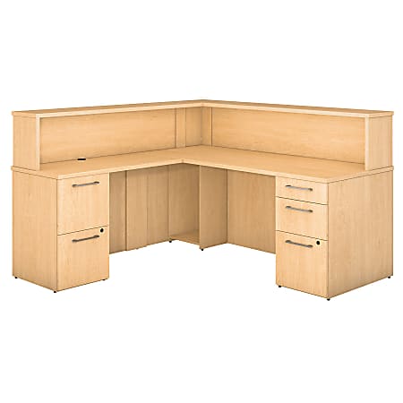 Bush Business Furniture 300 Series L Shaped Reception Desk With 2 And 3 Drawer Pedestals, Natural Maple, Standard Delivery