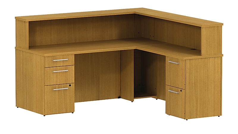BBF 300 Series Reception Gallery L-Shaped Desk, 43"H x 71 1/10"W x 71 1/4"D, Modern Cherry, Premium Installation Service