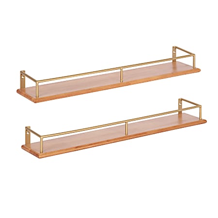 Kate and Laurel Camryn Wood/Metal Shelf Set, 2-1/2”H x 23-3/4”W x 4”D, Natural/Gold, Set Of 2 Shelves