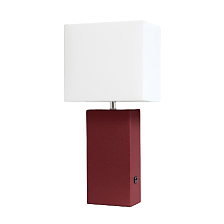 Elegant Designs Modern Leather/Fabric Desk Lamp With USB Port, 21"H, White Shade/Red Base