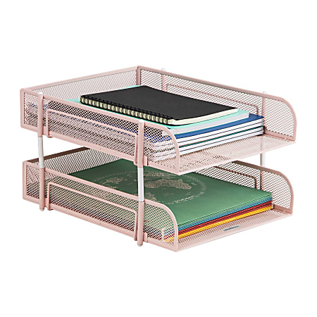 Mind Reader 2-Tier Metal Stackable Paper Tray, 7-1/2"H x 10-1/2"W x 13-1/4"D, Pink