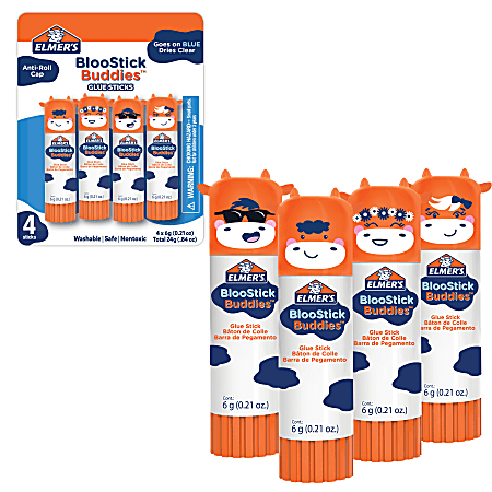 Elmer's BlooStick Buddies Glue Sticks, Disappearing Blue Glue Stick, Anti-Roll Cap, 6g, 4 Count