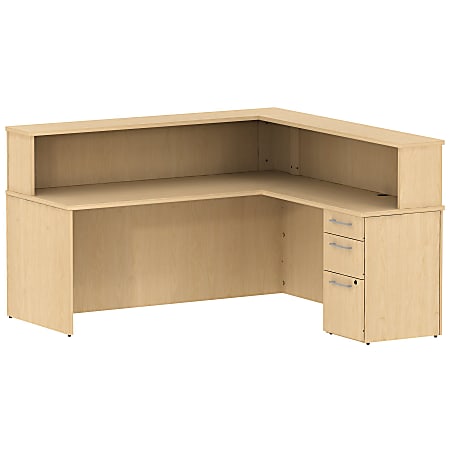 Bush Business Furniture 300 Series L Shaped Reception Desk With 3 Drawer Pedestal, 72"W x 72"D, Natural Maple, Standard Delivery