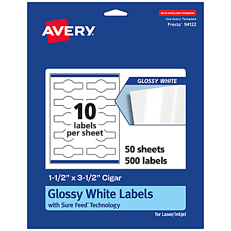 Avery® Glossy Permanent Labels With Sure Feed®, 94122-WGP50, Cigar, 1-1/2" x 3-1/2", White, Pack Of 500