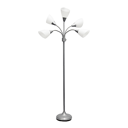 Simple Designs 5-Light Adjustable Gooseneck Floor Lamp, 67"H, White Shade/Silver Base