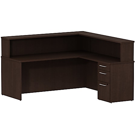 Bush Business Furniture 300 Series L Shaped Reception Desk With 3 Drawer Pedestal, 72"W x 72"D, Mocha Cherry, Standard Delivery