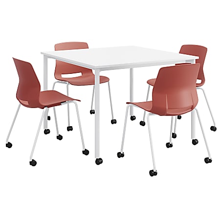 KFI Studios Dailey Square Dining Table And 4 Chairs, With Casters, White Table, Coral/White Chairs