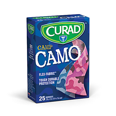 CURAD® Camo Fabric Adhesive Bandages, 3/4" x 3", Camo Blue/Camo Pink, Case Of 24