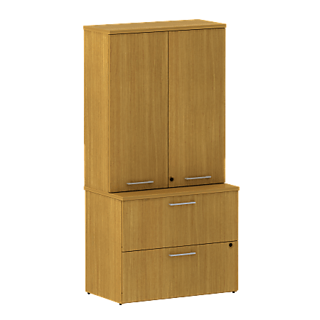 BBF 300 Series Lateral File, 2 Drawers With Wardrobe Storage, 72 3/10"H x 35 3/5"W x 21 4/5"D, Modern Cherry, Standard Delivery Service