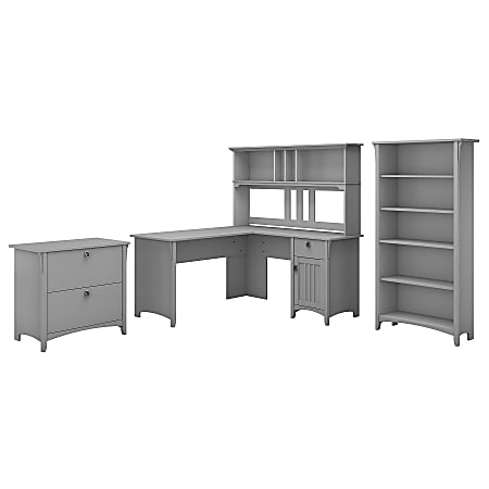 Bush Furniture Salinas 60"W L Shaped Desk with Hutch, Lateral File Cabinet and 5 Shelf Bookcase, Cape Cod Gray, Standard Delivery