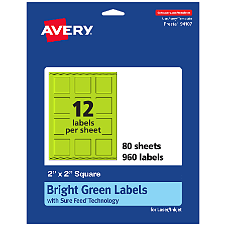 Avery® Print-To-The-Edge Labels With Sure Feed® Technology And Easy Peel® Label Feature, 94107-BGP80, Square, 2" x 2", Matte Bright Green, Pack of 960