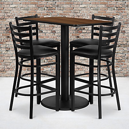 Flash Furniture Rectangular Laminate Table Set With 4 Ladder Back Metal Bar Stools, 42”H x 24”W x 42”D, Walnut/Black