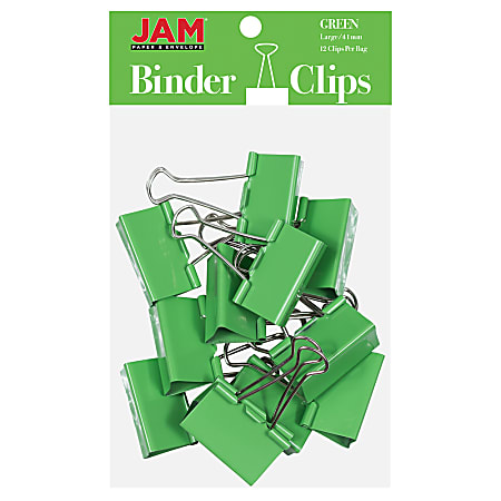 JAM Paper® Designer Binder Clips, Large, 1" Capacity, Green, Pack Of 12 Clips