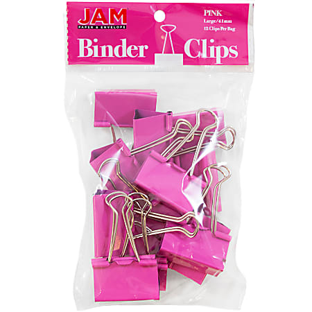 JAM Paper Designer Binder Clips Large 1 Capacity Pink Pack Of 12