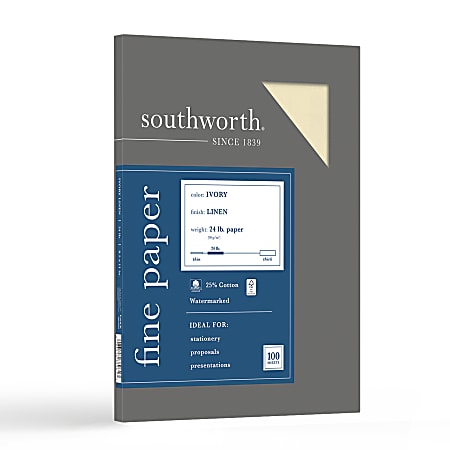 Southworth® 25% Cotton Linen Business Paper, 8 1/2" x 11", 24 Lb, 55% Recycled, Ivory, Box Of 100