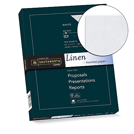Southworth® 25% Cotton Linen Business Paper, White, Letter (8.5" x 11"), 100 Sheets Per Pack, 24 Lb, 94 Brightness
