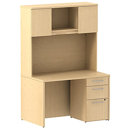 Bush Business Furniture 300 Series 48"W x 30"D Desk With 3 Drawer Pedestal And 48"W Hutch, Natural Maple, Premium Installation