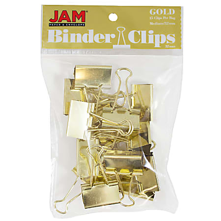 JAM Paper® Designer Binder Clips, Medium, 1/2" Capacity, Gold, Pack Of 15 Clips