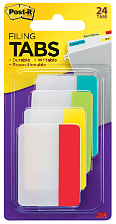 Post-it Tabs, 2 Wide, 4 Assorted Primary Colors, 24 Tabs