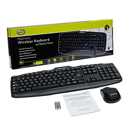 Gear Head™ Multimedia Wireless Keyboard & Mouse, Straight Full Size Keyboard, Black, Ambidextrous Optical Mouse, KB5165W