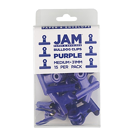 JAM Paper® Bulldog Clips, 1-3/16"W, 1/2" Capacity, Purple, Pack Of 15 Clips