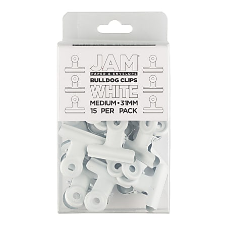 JAM Paper® Bulldog Clips, 1-3/16"W, 1/2" Capacity, White, Pack Of 15 Clips