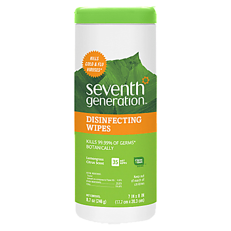 Seventh Generation® Disinfecting Wipes, 7" x 8" Sheets, Lemongrass & Thyme Scent, Canister Of 35