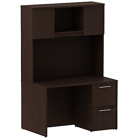 Bush Business Furniture 300 Series Desk With 2 Drawer Pedestal And 48"W Hutch, Mocha Cherry, Premium Installation