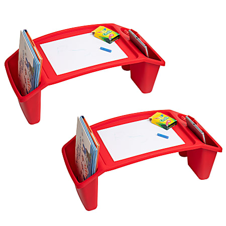 Mind Reader Kids Lap Desk Activity Tray Portable Drawing Lap Desk With Side Storage, 8-1/2"H x 10-3/4"W x 22-1/4"D, Red, Set Of 2 Desks