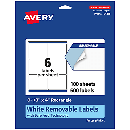 Avery® Removable Labels With Sure Feed®, 94215-RMP100, Rectangle, 3-1/3" x 4", White, Pack Of 600 Labels
