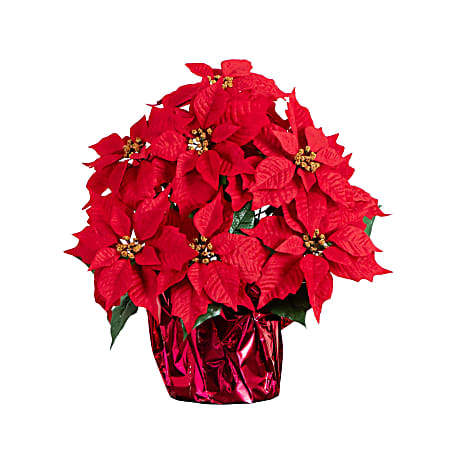 Nearly Natural 19”H Artificial Lush Poinsettia Arrangement With Wrapped Planter, 19”H x 17”W x 17”D, Red