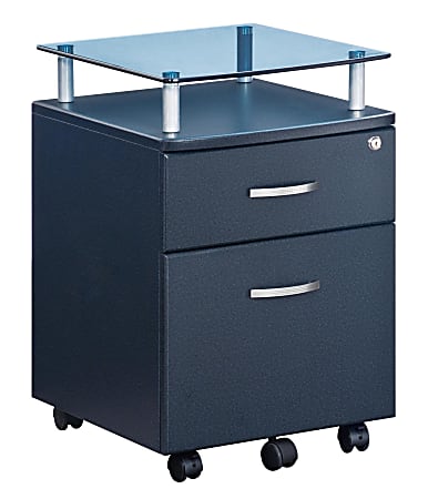 Techni Mobili 15-3/4&rdquo;W x 17-1/2&rdquo;D Lateral 2-Drawer Mobile Locking Glass Top File Cabinet, Graphite Black