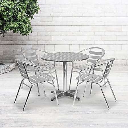 Flash Furniture Round Aluminum Indoor/Outdoor Table Set With 4 Slat-Back Chairs, 27-1/2"H x 31-1/2"W x 31-1/2"D, Aluminum