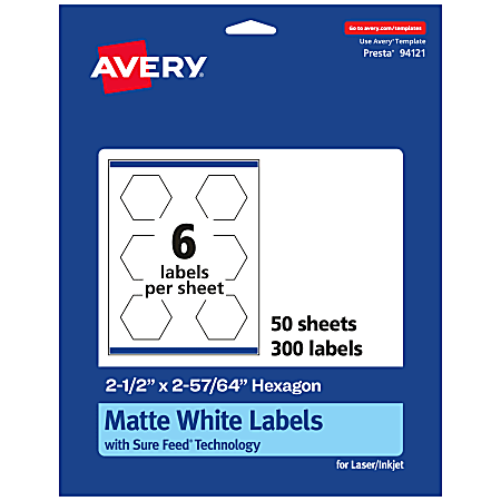 Avery® Permanent Labels With Sure Feed®, 94121-WMP50, Hexagon, 2-1/2" x 2-57/64", White, Pack Of 300